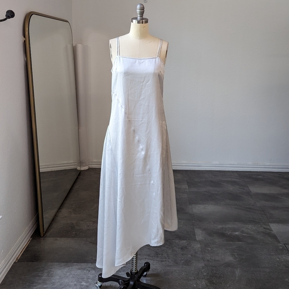 Nap Asymmetrical Hem Square Neckline Satin Slip Dress Gray M leisure luxury